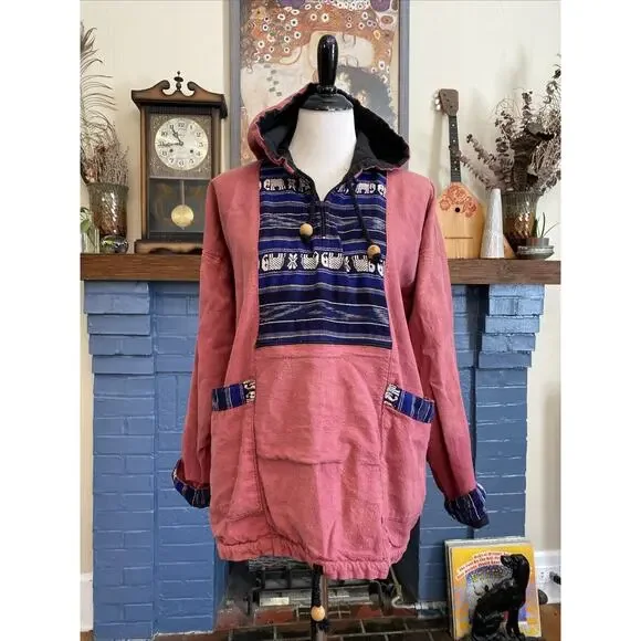 Vintage Baja Poncho Hoodie M Blanket Pullover Hippie Festival India Thailand - Picture 1 of 16